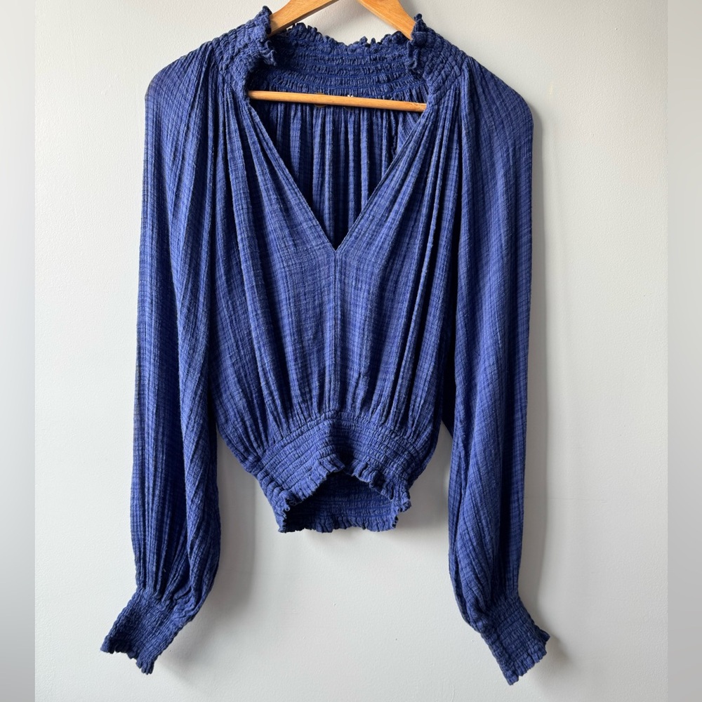 Smocked V-Neck Long-Sleeve Top in Deep Navy